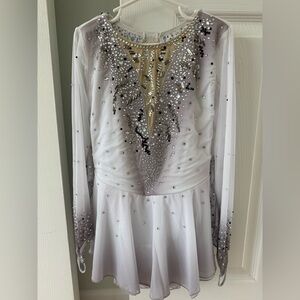 Figure Skating Dress – Youth 8–10 (White/Silver/Black Rhinestone Costume)
